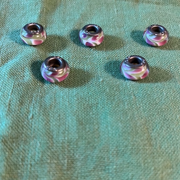 Pandora Murano glass charm, green with pink/white swirl pattern, 1 of set of 5 - Picture 6 of 6
